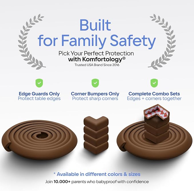 Baby Proofing Kit 18ft Edge Protector & 8 Corner Protectors, Non Toxic & Soft Rubber Foam, Baby Bumper & Corner Covers for Table, Desk, Crib, Fireplace, 3M Adhesive, Brown