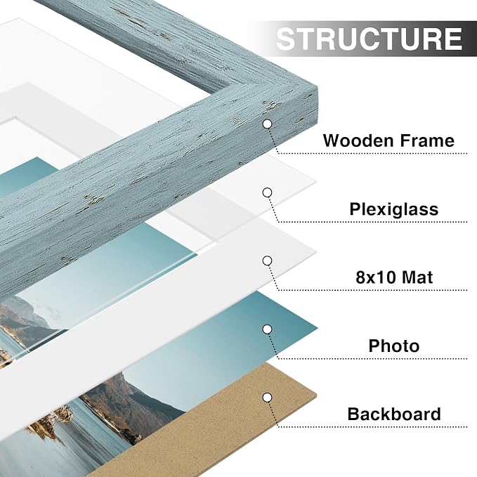 Vittanly 11x14 Picture Frames Set of 9 for Wall Mounting, Rustic Blue | Display Pictures 8x10 with Mat or 11x14 without Mat, Engineered Wood with Shatter Resistant Plexiglass, Gallery Photo Frames