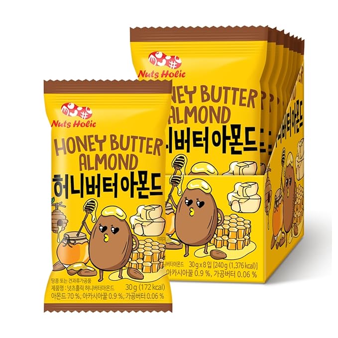 Korean Food Nuts Holic Honey Butter Almond, Sweet & Savory, Snack Mix, 8Pks | Sweet and savory seasoned almond snack in convenient individual packs with honey butter flavor