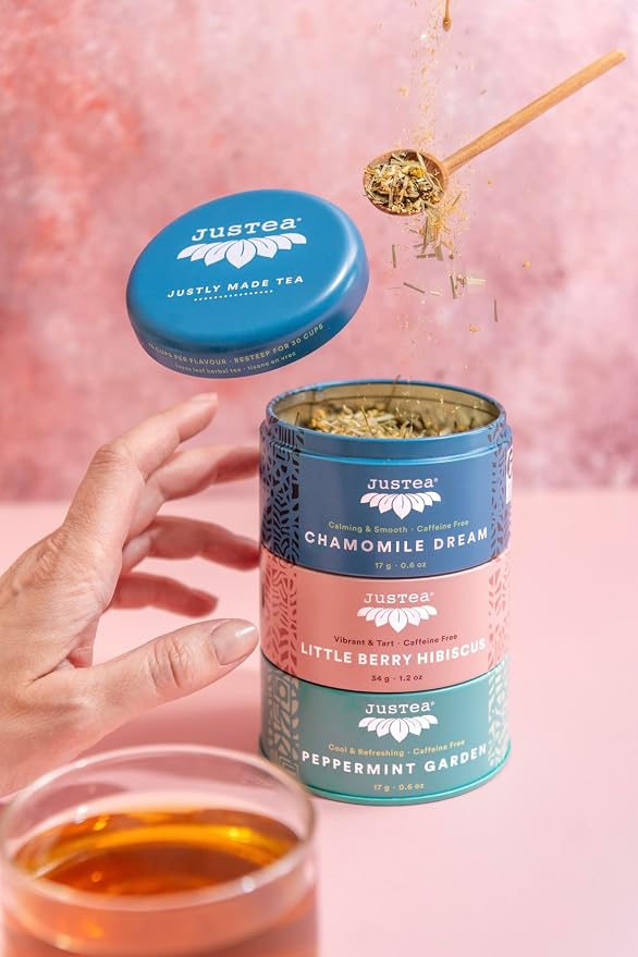 JusTea Herbal Tea Trio | Stacking Tins Variety Pack with Hand Carved Tea Spoon | Loose Leaf | Caffeine Free | Award-Winning | Fair Trade | Non-GMO