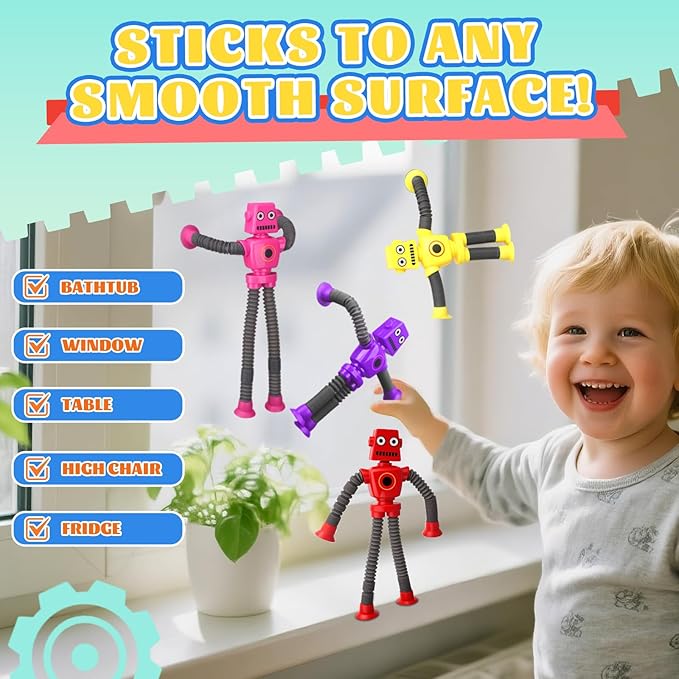 16PCS Suction Cup Robot Toy, Transformable Telescopic Pop Tubes Sensory Toy for Kids Adults, Funny Robot Action Figure Bendable Fidget Toy Gift Birthday Party Favors Christmas