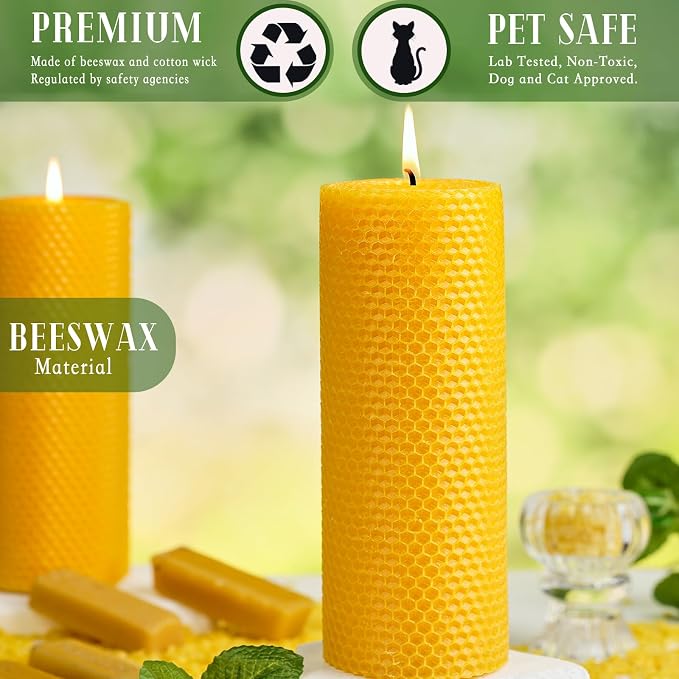 4 Pack Large Beeswax Pillar Candles, 2.8x8 Inch Pure Natural Beeswax Candles 200 Hours Emergency Candle, Organic Unscented Bees Wax Candles for Home, Paryer, Party