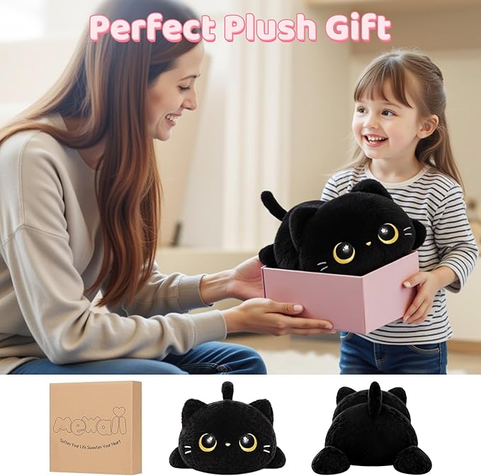 Cute Black Cat Plush Pillow, Kawaii Plushies Black Cat Stuffed Animals, Squishy Plushies, Cuddle Plush Pillow for Kids & Girls (13 Inch)