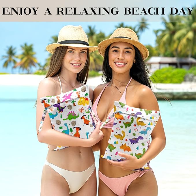 2 PCS Dinosaur Style Travel Laundry Bags 12x10 Inch, Waterproof Reusable Wet Bag with Handle, Wet Dry Bag for Swimsuit Travel Beach Pool Diapers Dirty Yoga Gym Clothes Stroller Toiletries