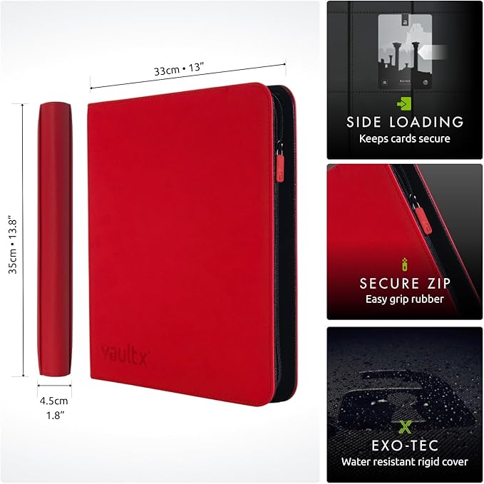 Vault X 12 Pocket Zip Binder, 480 Cards, Exo-Tec Material, 20 Side-Loading Pages (Red)