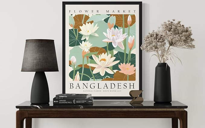 Bangladesh, White Water Lily Art Print Poster, Flower Market Wall Art, Floral Artwork Decor for Bedroom, Kitchen, Bathroom, Livingroom Decoration 52 (Bangladesh, White Water Lily, 24"L x 18"W, Black Frame)