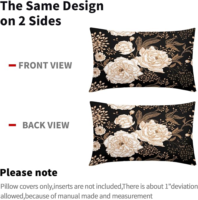 Vintage Peony Roses Floral Plant Lumbar Pillow Covers 12X20 Inch Set of 2 Chinoiserie White Flower Leaves Decorative Pillow Cases Black Gold Cushion Case Vintage Home Decor For Sofa Couch Outdoor