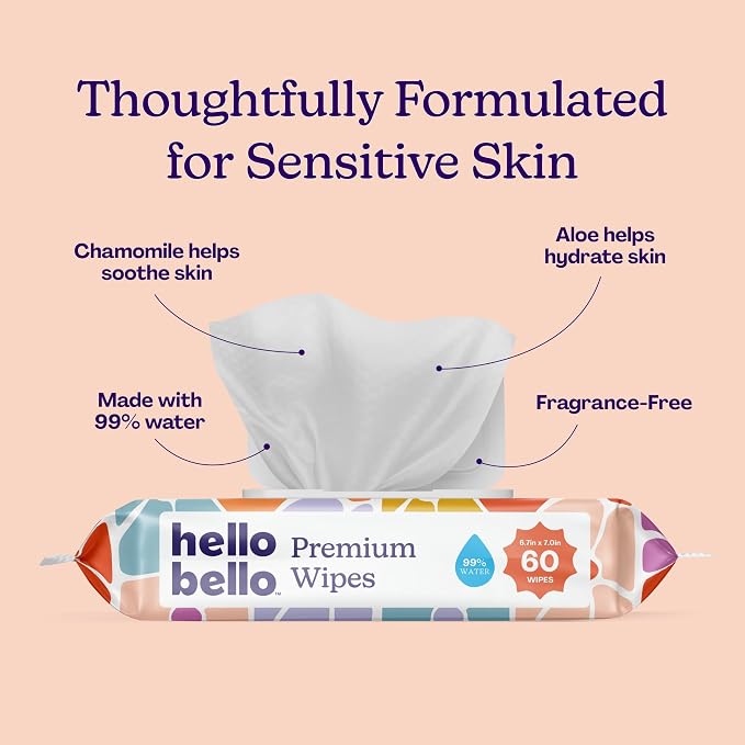 Hello Bello Premium Wipes, Designed for Sensitive Skin with Chamomile & Aloe Extracts, Flower Pop (9 Resealable Packets = 540 Total Wipes)