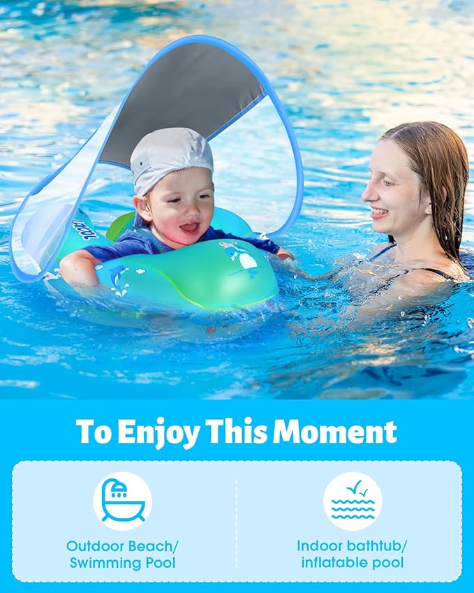 LAYCOL Baby Swimming Float Inflatable Baby Pool Float Ring with Sun Protection Canopy,add Tail no flip Over for Age of 3-36 Months
