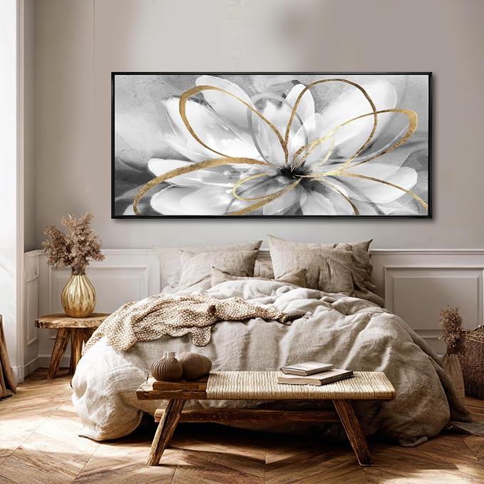 Grey Home Wall Decor Modern Canvas Prints White Flower Framed Wall Art 32"x70" Large Artwork for Living Room Pictures for Office