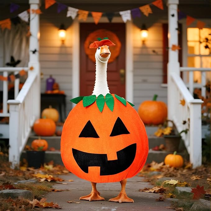 2 Pcs Halloween Porch Goose Outfits Pumpkin Goose Costume for Cement Plastic Duck Halloween Outdoor Patio Yard Lawn Statueart Decor
