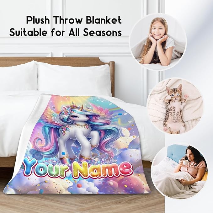 Unicorn Blankets - Custom Girls Gifts - 4 Sizes Cute Throw for Kids - Cozy Soft Fleece Blanket for Couch Bed
