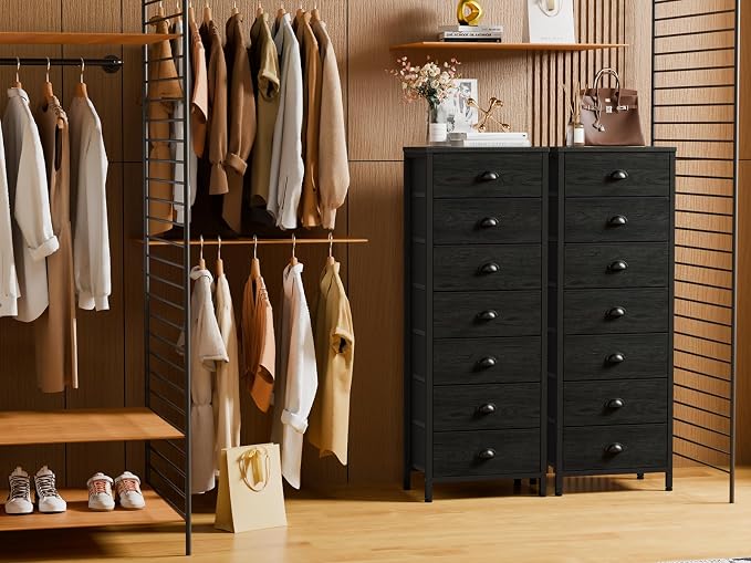 Black Bedroom Dresser, Tall Chests of Drawers with 7 Fabric Bins | Sturdy Steel Frame, Wooden Top, Organizer in Closet, Tall Nightstand for Dorm, Living Room, Hallyway-Storage Tower Unit