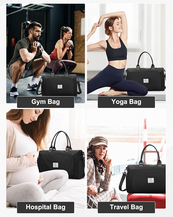 Gym Bag for Women Men Duffle Bags for Travel with Shoe Compartment Shoulder Weekender Overnight Carry on Tote Bags for Airplane Beach Bag Workout Yoga Sport Swimming Black