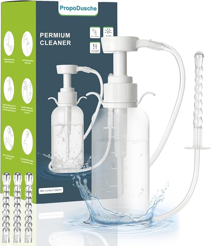 Enema Kit Douches for Men - 330ml Anti Back-Flow Design with Handle & 3 Nozzle Tips, Portable Rinse Bottle for Women