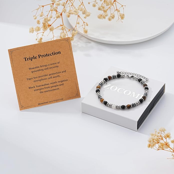Zocomi Natural Healing Crystal Bracelet for Women, Anxiety Relief Triple Protection 7 Chakras Jewelry Gift for Friends Daughter Mom 6.5+2 Inches