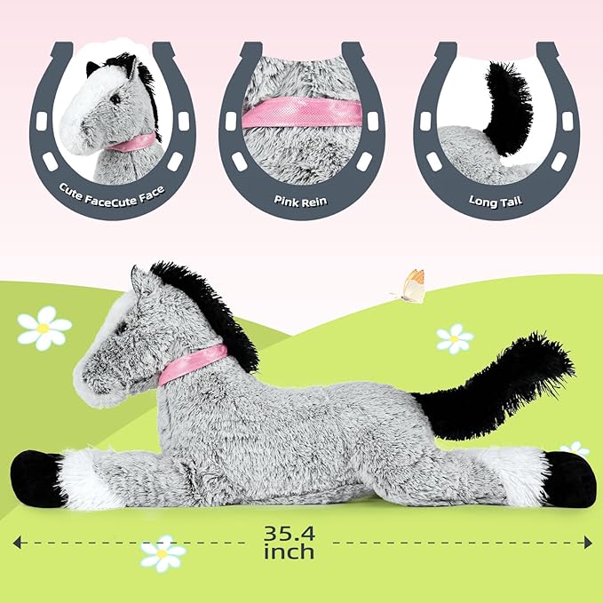 MaoGoLan Large Horse Stuffed Animal for Boy, Big Horse Plush Toy for Girl, Ridable Stuffy Pony for Kid, Stuffed Pony Plush Pillow for Baby Shower, Birthday Gifts or Party Favor, 33 inches, Gray