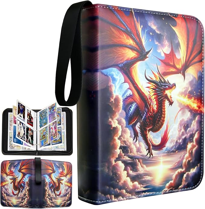 Trading Card Binder, 4-Pocket Card Album Holds 400 Cards, PU Leather Zippered Card Organizer with Wrist Strap, Portable TCG Sports Game Card Storage Case（Fire Dragon）