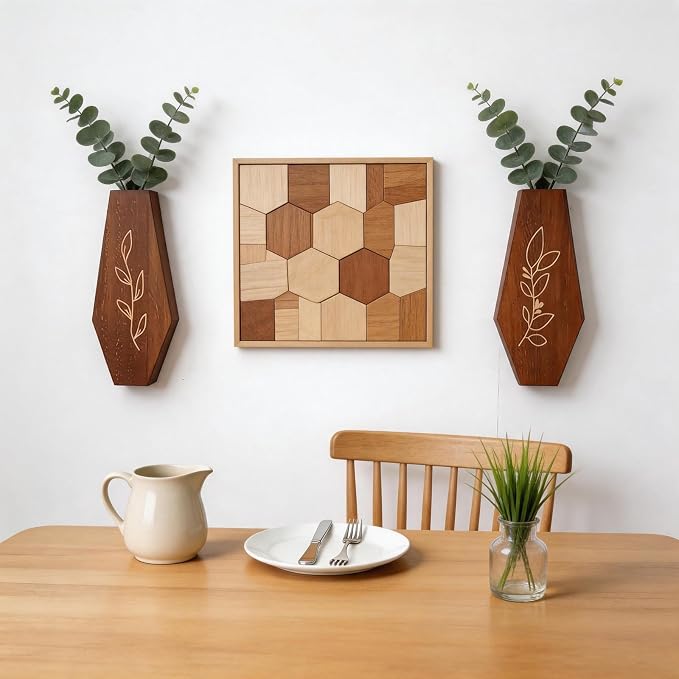 Wood Wall Planter 2 Pack, Modern Farmhouse Wall Decor Mounted Wooden Vase Set, Hanging Planter for Indoor Plants, Boho Wall Decor for Living Room, Entryway, Hallway, Bathroom (Brown)