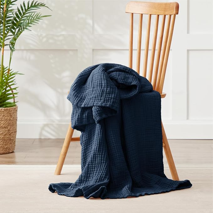 100% Cotton Muslin Blanket Twin 60" x 80", Breathable and Lightweight Cotton Twin Blankets for Couch, Soft Cooling Summer Gauze Blanket for Adults All Season, Navy Blue