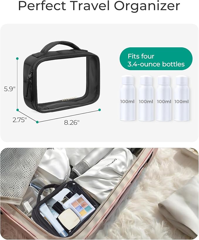 BAGSMART Clear TSA-Approved Toiletry Bag, Puffy Edges Travel Makeup Bag, Large Opening with Handle, Clear Cosmetic Bag with Double Zipper for Women (Black, 1Pack)
