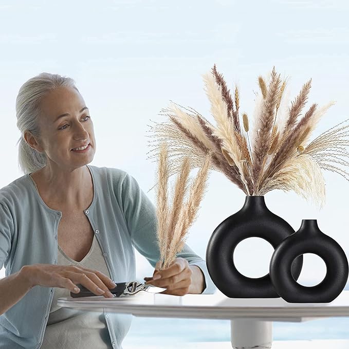 Black Ceramic Vases Set of 2, Modern Design for Home Decor,Black Style for Pampas Grass Matte Ceramic Vase for Farmhouse Living Room Kitchen Bedroom Mantle Coffee Dining Table Decoration