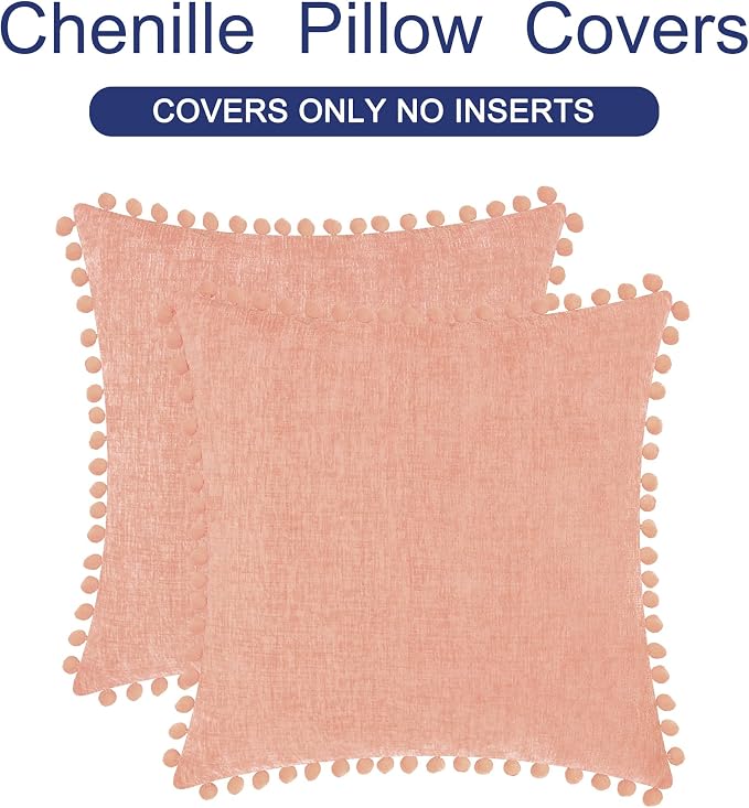 CaliTime Decorative Couch Throw Pillow Covers 16 X 16 Inches Dusty Pink | Pack of 2, Cozy Chenille Cushion Cases, with Pom Poms for Sofa Bed Living Room Farmhouse Home