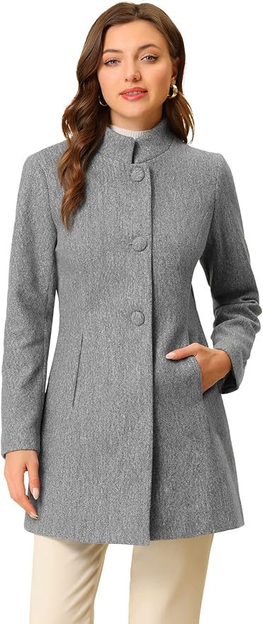 Allegra K Women's Winter Overcoat Mid-Long Stand Collar Single Breasted Coat Outerwear