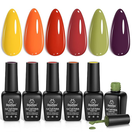 Beetles Spring Gel Nail Polish Set – 6 Colors Red Green Purple Orange Yellow Gel Polish Kit, Soak Off UV LED Gel Nail Polish for Manicure Nail Art Thanksgiving Gift for Women