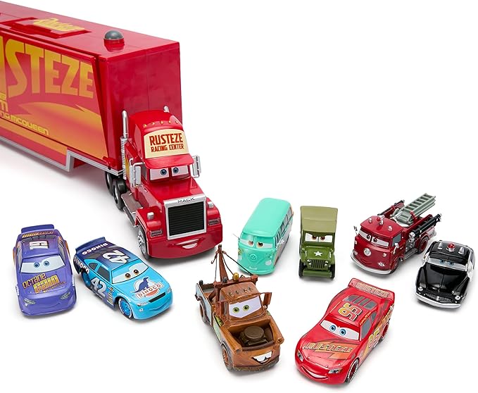 Disney Store Official Mack Hauler Play Set - Light & Sound Mack Carrier with 8 Pullback Die Cast Vehicles - Red, Fillmore, Lightning McQueen, Bobby Swift, Cal Weathers, Sarge, Sheriff & Tow Mater