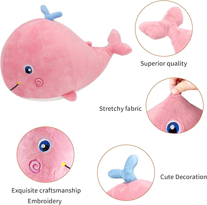 Squirting Whale Stuffed Animals Plush Pillow Cute Soft Cotton Plushies Pillows Kawaii Whale Toy Decor Gifts for Kids Boys Girls Adults (Pink, 10 Inch