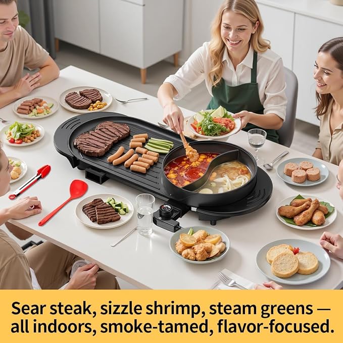 AORAN 2200W Electric Grill & Hot Pot Combo with Dual Zone Control - 26.6" Large Yin-Yang Nonstick Skillet, Indoor Smokeless BBQ Grill for Family Party, Adjustable Temperature & Easy Clean