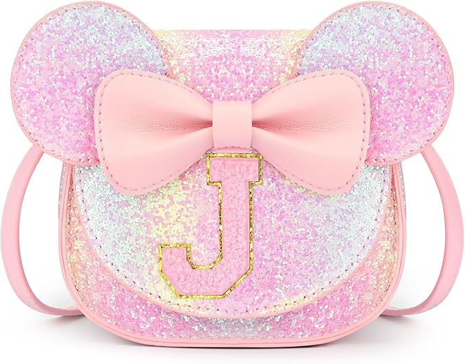 mibasies Toddler Purse Girl Gifts: Girls Birthday Gifts for 3-8 - Toys for Ages 2-4 Girls Mouse Ears Purse, Glitter Rainbow, Letter J