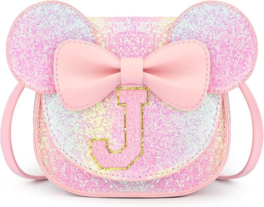 mibasies Toddler Purse Girl Gifts: Girls Birthday Gifts for 3-8 - Toys for Ages 2-4 Girls Mouse Ears Purse, Glitter Rainbow, Letter J