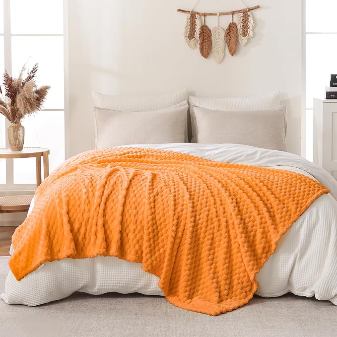 Bnuitland Soft Flannel Throw Blanket(50X40 inches), 3D Jacquard Fluffy Lightweight Fleece Throw Blanket for Babys and Pets,300 GSM Cozy Warm Bed Sofa Fleece Blanket for All Seasons,Light Orange