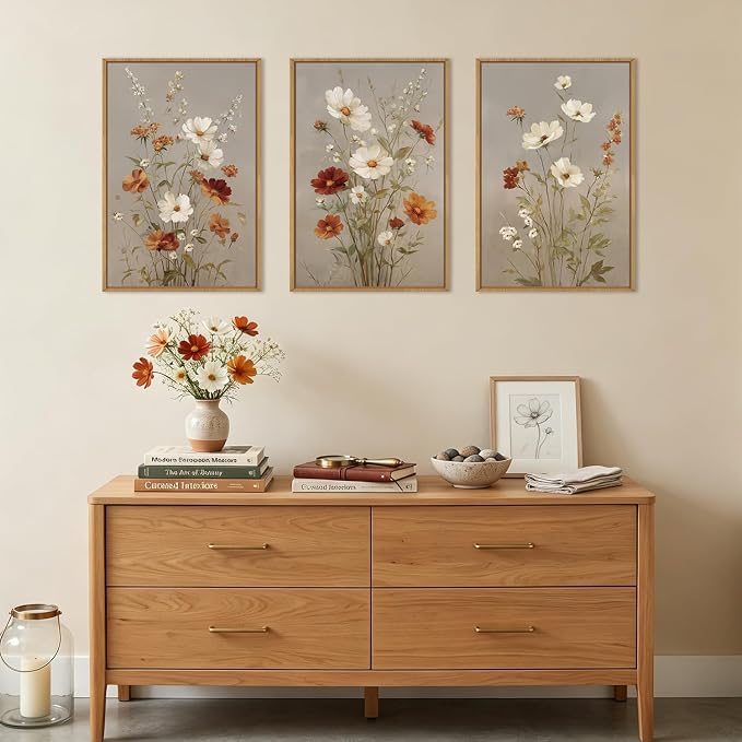BINCUE Vintage Flower Wall Art Set of 3 Framed Floral Wall Paintings 16x24 | Rustic Wildflower Artwork,Neutral Botanical Wall Decor,Farmhouse Daisy Prints for Living Room Bedroom Office