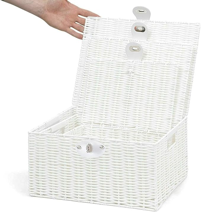 Set of 3 Woven Wicker Storage Basket Box with Lids & Lock, Built-in Carry Handles, Multifunctional Storage Organizer for Nursery, Baby, Clothes, Toys, Books, Large/Medium/Small Size (White)