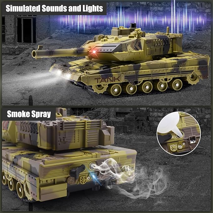 RC Tank That Shoots for Kids Adults, 2.4G Remote Control Army Tank Toys with Auto Demo Sound Light Smoke, 13 Channel Military Vehicles Model Gift for Boys, Army Beige