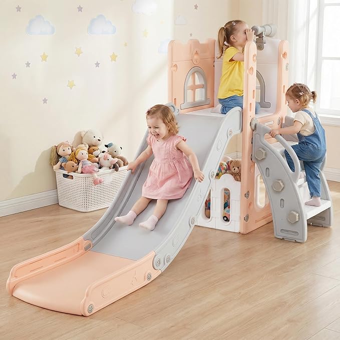 OLAKIDS Toddler Slide, 6 in 1 Kids Indoor Outdoor Playground with Climber Basketball Hoop Telescope Toy Storage for Boys Girls Aged 1+ (Pink, 27'')