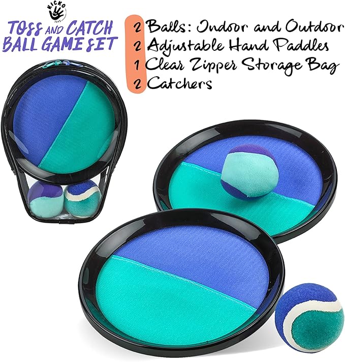 Kicko Toss and Catch Ball Game - Purple and Teal -Paddle Balls with Catcher Mitts, Hard and Soft Tennis Balls, & Travel Case - for Kids Indoor or Outdoor Team Sports, Backyard or Beach New & Improved