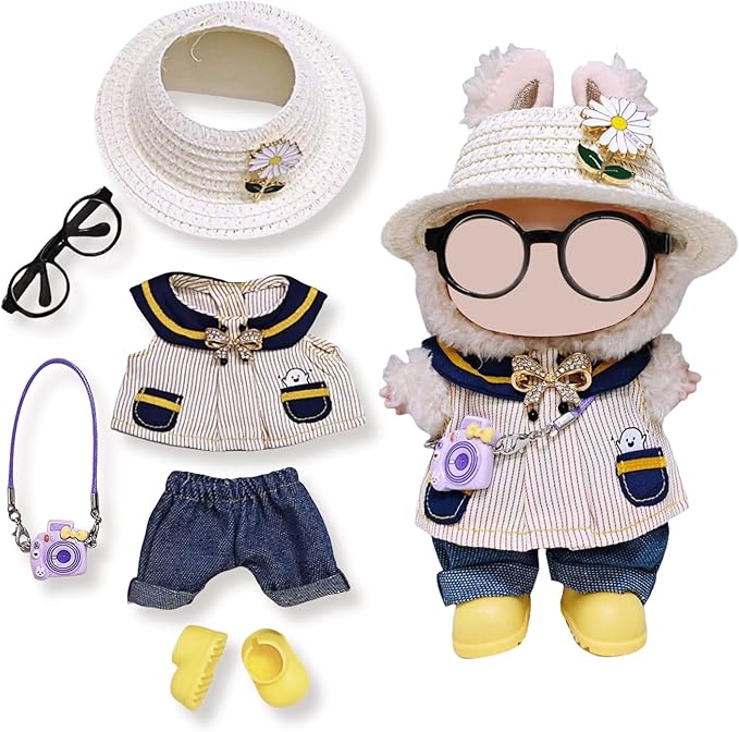 17cm Doll Clothes Set (6-Pcs Outfit), Stylish Clothing for Bunny Doll with Top, Pants, Shoes & Accessories, Just Clothes