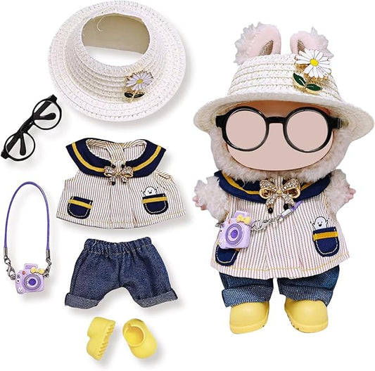 17cm Doll Clothes Set (6-Pcs Outfit), Stylish Clothing for Bunny Doll with Top, Pants, Shoes & Accessories, Just Clothes