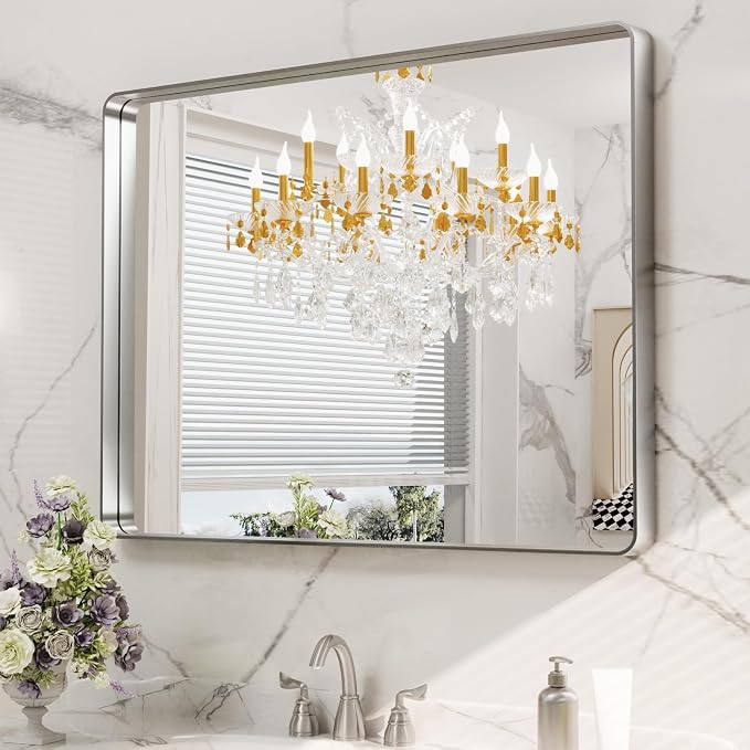 LOAAO 40X30 Inch Brushed Nickel Bathroom Mirror | Rounded Rectangle, Silver Metal Frame, Anti-Rust, Tempered Glass, Hangs Horizontally or Vertically