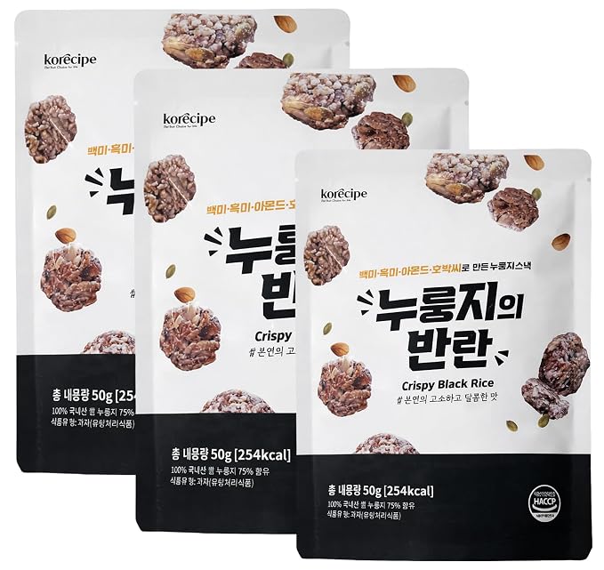 BBASA-KHAN Korean Nurungji Rice Snack, Crisp Rice Bites with Nuts, Ready to Eat, Travel Snack or Light Dessert, Casual Sharing, 1.76 oz (50g), 3 Pack