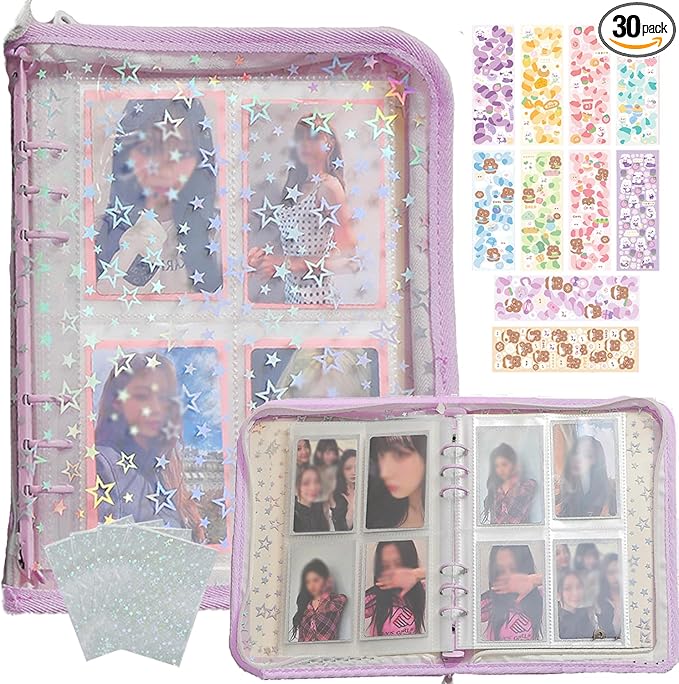 Kpop Photocard Binder with 6 Stickers Sheet & 50 Shinning Protective Sleeves Kpop Photocard Holder Book with Kpop Photocard, A5 Binder Photocard Album 30 Inner Pages with 240 Pockets (Lightpurple)