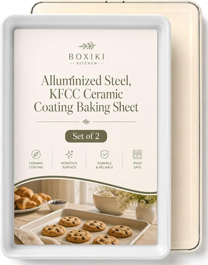 Boxiki Kitchen Ceramic Baking Sheet Half Size 17"x11" - Heavy Duty 0.6mm Aluminized Steel Pan, KFCC Ceramic Nonstick Cookie Sheet, Oven Safe to 550°F, Rustproof & Warp Resistant Baking Tray (2PCS)