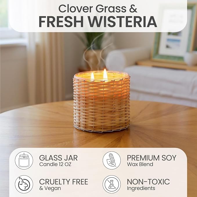 Cut Grass Scented Candle – 12oz Luxury Soy Wax, 2-Wick in Handwoven Glass Jar, Fresh-Cut Wisteria and Jasmine - 75+ Hour Clean Burn, Made in USA