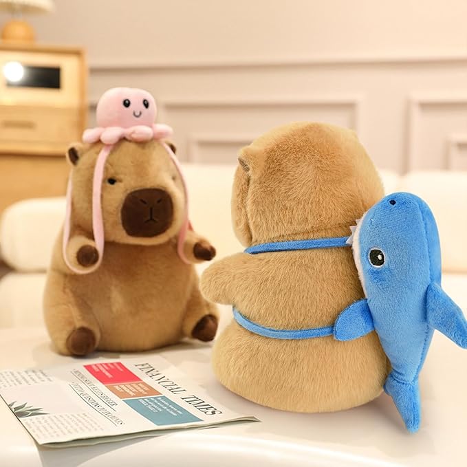 Ditucu Capybara Plush with Shark Backpack 7.8 inch Cute Capibara Stuffed Animal Soft Plushies Toys Gifts for Kids Brown