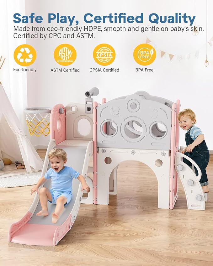 Babytronic Toddler Slide, 8 in 1 Kids Slide with Basketball Hoop, Telescope and Climber, Baby Slide Toddler Playground, Indoor Outdoor Playset for Toddlers Age 1-3, Kids Indoor Playground (Pink)