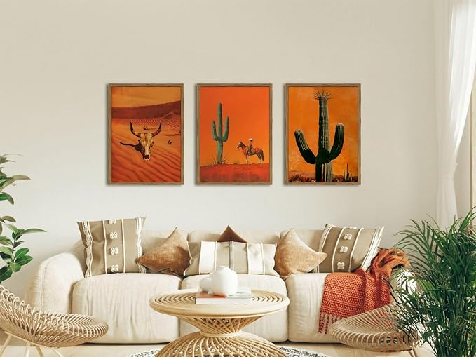 Framed Western Cowboy Canvas Wall Art Set of 3, Vintage Desert Cactus Pictures Wall Decor, Longhorn Bull Skull Paintings Prints Southwestern Home Decor for Living Room Bedroom 12x16 inch